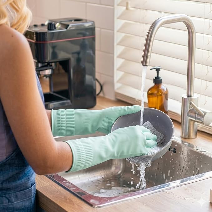 Cleaning Rubber Gloves, Waterproof Non-Slip Long Cuff Dishwashing Household Kitchen Gloves