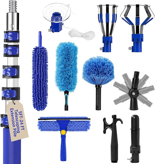 30FT Light Bulb Changer for High Ceilings with 5-24FT Heavy Duty Extension Pole,High Ceiling Fan Duster Extendable Reusable Cobweb,Feather,Window Cleaning Squeegee Kit for Home & House,Interior Roof