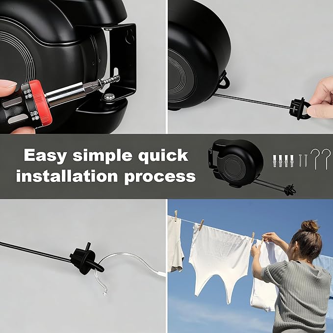 Retractable Clothesline Outdoor - 49 Feet Heavy Duty Dual Clotheslines for Outside Laundry Drying, Wall-Mounted & Portable Installation (Black)