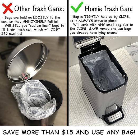 Homie Soft Close, Slim Trash Can 6 Liter / 1.6 Gallon with Anti - Bag Slip Liner and Lid, Use as Mini Garbage Basket, Slim Dust Bin, or Decor in Bathroom, Restroom, Kitchen, or Bedroom