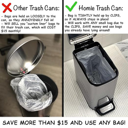 Homie Soft Close, Slim Trash Can 6 Liter / 1.6 Gallon with Anti - Bag Slip Liner and Lid, Use as Mini Garbage Basket, Slim Dust Bin, or Decor in Bathroom, Restroom, Kitchen, or Bedroom