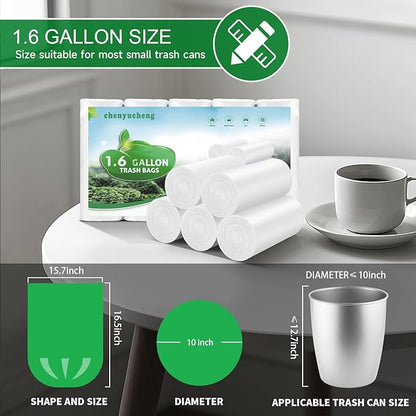 1.6 Gallon White Small Trash-Bags For Bathroom - Mini Garbage Bags 100 Count 6 Liter (Fit 1.3-1.5Gal) Unscented Compostable Biodegradable Tiny Waste Basket Liners Kitchen Office Chenyucheng