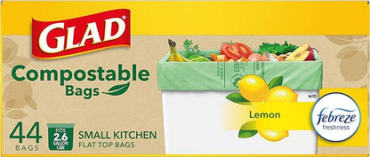 Glad Trash Bags, Kitchen Compost Bags 2.6 Gallon Garbage Bags, 100% Compostable Bag, Febreze Lemon, 44 Count (Package May Vary), Light Yellow