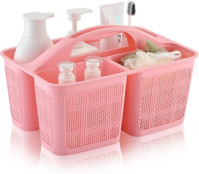 Plastic Pink Shower Caddy Basket, Divided Cleaning Portable Shower Basket with Handle Compartments Storage Organizer for Bathroom, College, Kitchen, Dorm Room Essentials