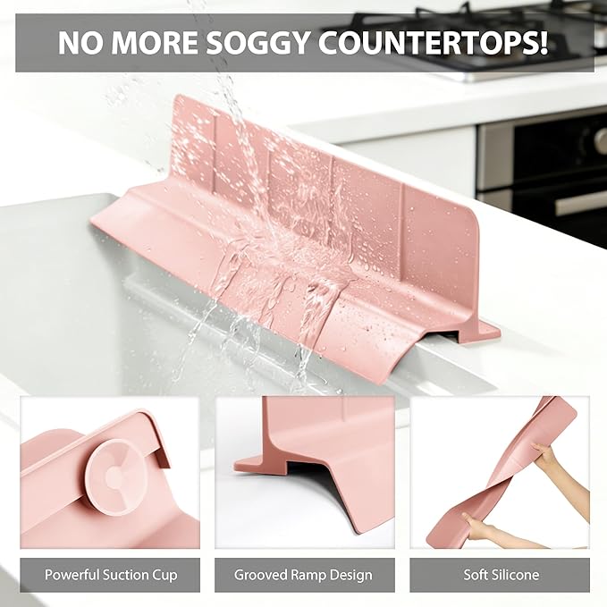 23Inch Sink Splash Guard – Extended Length & Tall Silicone Kitchen Sink Splash Guard with Overhang Drainage Design & Strong Suction Cups for Countertop (Lotus Pink, 23''x3.5'')