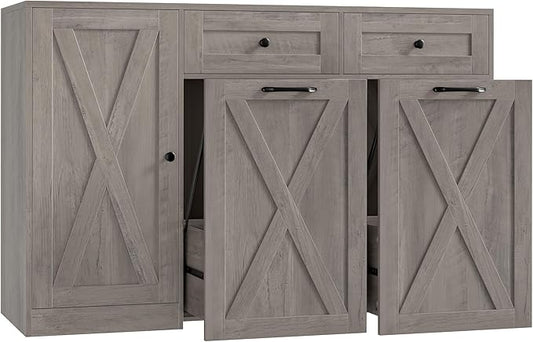 HOSTACK 12.5 Gallon Kitchen Trash Cabinet, 47" Double Trash Can Cabinet, Large Pull Out Can Storage Drawers, Wood Farmhouse Hidden Garbage Storage Buffet for Kitchen, Dining Room, Ash Grey