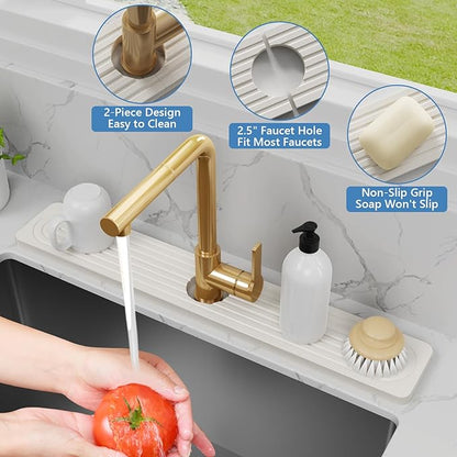 24'' Longer Stone Faucet Mat for Kitchen Sink [Super Absorbent, 30s Quick Drying] Water Absorbing Stone Tray for Sink Stone Mat for Kitchen Sink Stone Quick Dry Around Faucet Diatomite Stone Sink Tray