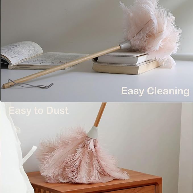 Ostrich Feather Dusters, Naturally Soft, Easy to Dust, Multi-Purpose Use, Solid Wood Handle, 17.3'' Long, Pink
