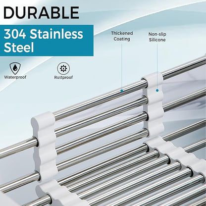 COVRA Stainless Steel Over-Sink Dish Drying Rack – Versatile Kitchen Organizer for 11″–19″ Square Sinks – Effortless Drying for Dishes, Fruits & Vegetables (Gray)