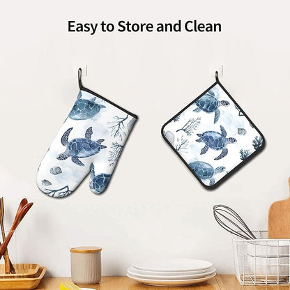Nautical Oven Mitts for Women - 2 PCS Coastal Oven Gloves Summer Kitchen Mitts Beach Seashell Potholders for Baking and Cooking