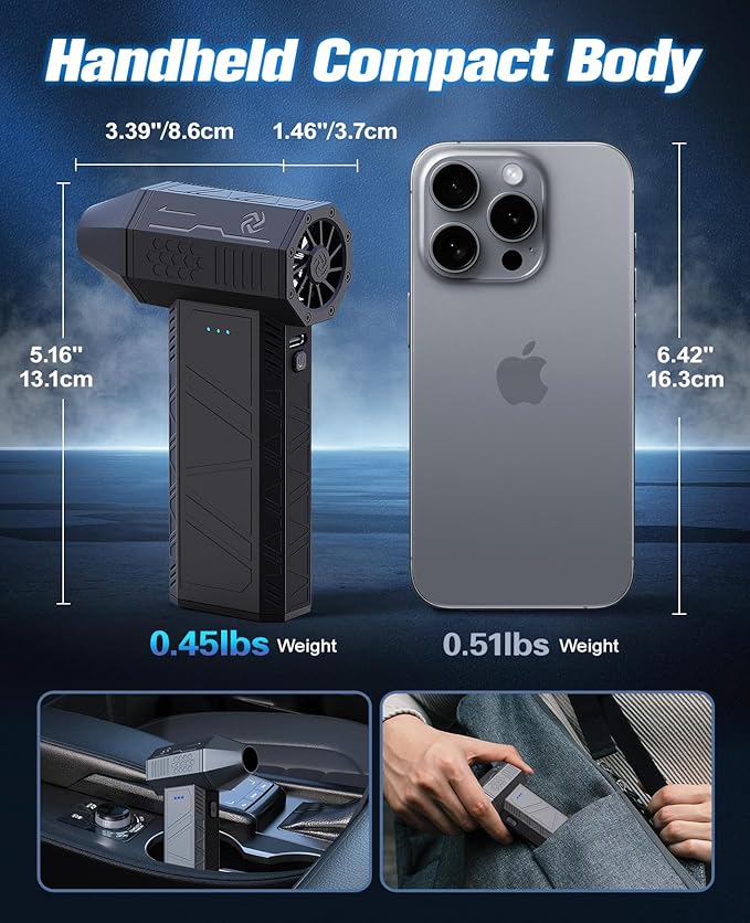 Electric Air Duster 3 Gear Adjustable & Rechargeable Outdoor Mini Turbo Snow Blower Cordless 110000 RPM Super Power Turbo Violent Fan Hand Air Dust Blower for Computer Keyboard House Cleaning