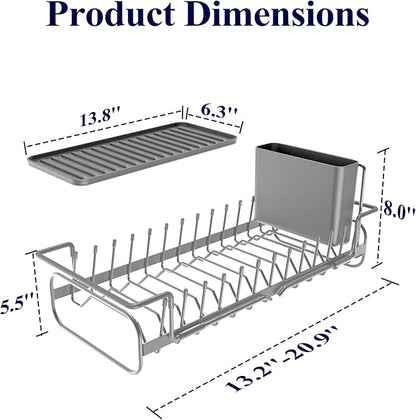 Kitsure Dish Drying Rack - Expandable Dish Rack for Kitchen Counter, Over Sink Or in Sink, Space-Saving Plates Dryer with Cutlery Holder & Drip Tray, 14.0"-20.9" L x 6.3" W x 8.0" H, Grey