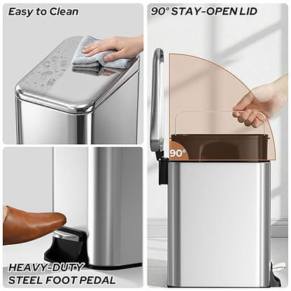 Small Bathroom Trash Can w/Lid Soft Close, 6 Liter/1.6 Gallon Stainless Steel Garbage Can w/Inner Bucket, Trash Bin Waste Basket for Kitchen, Bedroom, Living Room, Office, Toilet, Silver