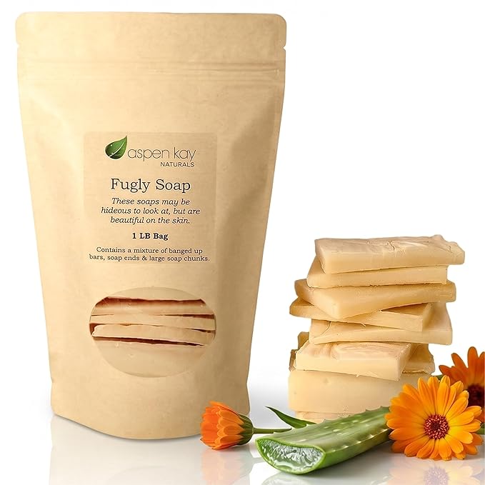 Aspen Kay Naturals - 1 Pound Bag of Fugly Soap, a Mixture of Dented & Imperfect Soap Bars, Soap Ends & Chunks. Natural & Organic Ingredients. (Aloe & Calendula)