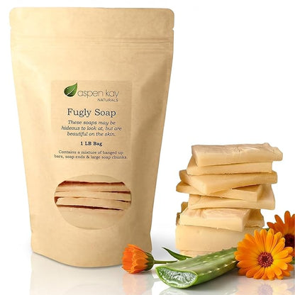 Aspen Kay Naturals - 1 Pound Bag of Fugly Soap, a Mixture of Dented & Imperfect Soap Bars, Soap Ends & Chunks. Natural & Organic Ingredients. (Aloe & Calendula)
