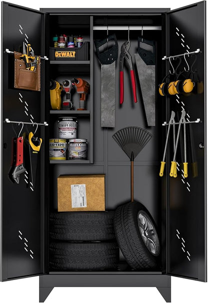 VASAAOSD Metal Garage Storage Cabinet, 75” Cleaning Tool Cabinet with Hooks and Hanging Rods, Heavy Duty Garden Tool Organizer, Broom Cabinets for Home, Garage, Laundry Room, Gym, Workshop