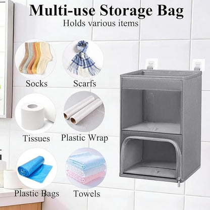 2-in-1 Plastic Bag Holder with Clear Window, Large Grocery Bag Holder and Trash Bag Dispenser with Easy-Access Openings, Plastic Bag Organizer for Kitchen RV Cabinet Wall Mounted (Gray)