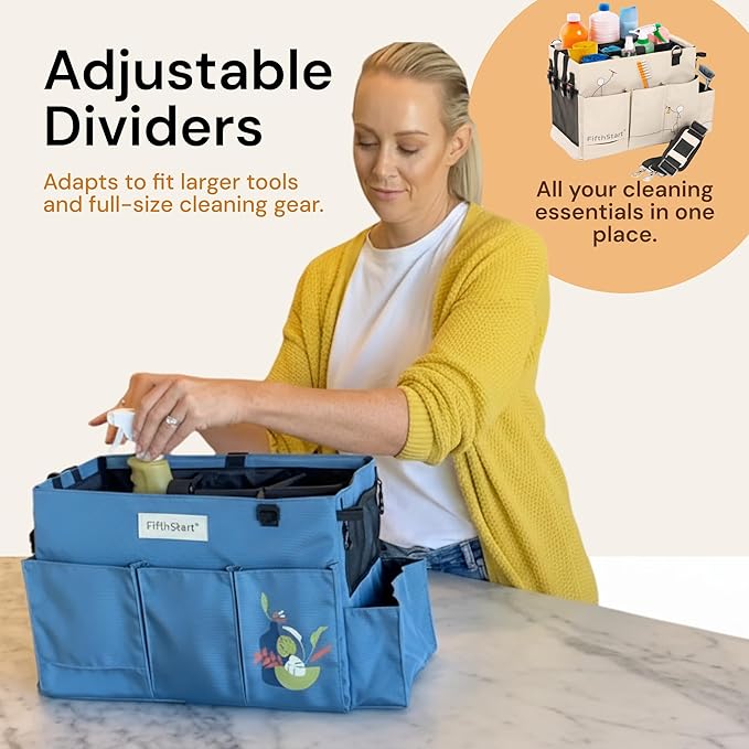 Multiuse Cleaning Caddy - Adjustable Straps & Caddy Organizer with Handle - Mesh Base & 9 Pockets Organizer Bag - 5 Dividers & Washable Fabric Cleaning Tote (beige, XL)