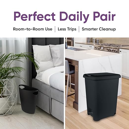 Superio 10L and 45L Slim Step & Push Trash Cans - 2 Pack, Dual Opening, Space-Saving Design, Durable Plastic - Black