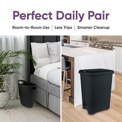 Superio 10L and 45L Slim Step & Push Trash Cans - 2 Pack, Dual Opening, Space-Saving Design, Durable Plastic - Black