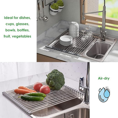 Tomorotec Roll Up Dish Drying Rack Over the Sink Grey Large Dish Drying Rack Rolling Foldable Collapsible SUS304 Stainless Steel Multipurpose Dish Drainer for Kitchen Counter (21”x11.8”)