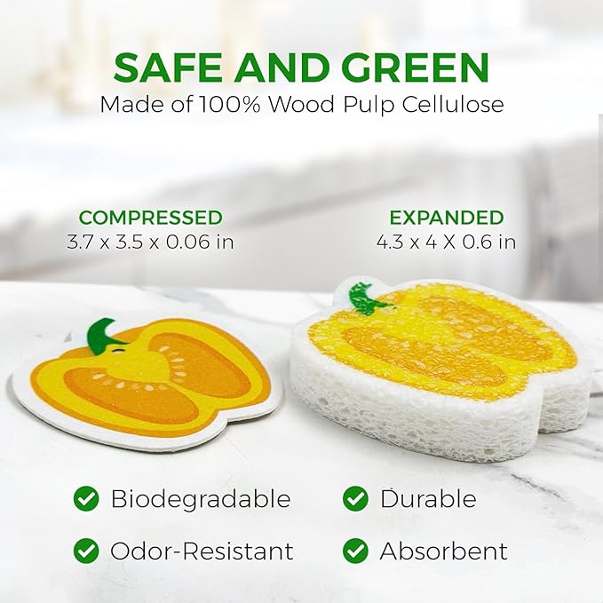 AIRNEX Biodegradable Cellulose Compressed Sponges Bulk - Vegetable Shaped Kitchen Pack of 8 - Eco Friendly, Odor Free, Natural, Pop Up Compostable Scrubbers for Washing Dishes