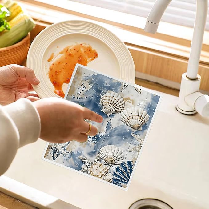 Beach Ocean Swedish Dishcloths for Kitchen, Shells Starfish Swedish Dish Cloths for Ocean, 4 Pack Dish Towels for Kitchen, Papaya Reusable Paper Towels Washable