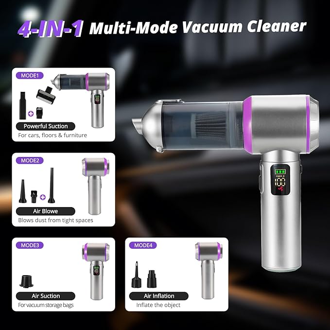 Cordless Handheld Vacuum with 17000Pa Suction, Portable Car Vacuum Cleaner for Pet Hair, Home & Desk, 3-Speed, LED Light, 4-in-1 Nozzles, Type-C Charging