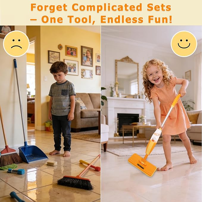 Toddlers Spray Mop (Real Works), No Batteries, Endless Fun| Kids Cleaning Set, Mini Mop for Age 2-5 Year| Montessori Toy Gifts for Baby Boys Girls, Fine Motor Skill (2 Washable Pads)