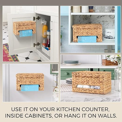 Trash Bag Holder with Scalloped Lid 13–30 Gallon Trash Bag Roll Holder Wall Mount Garbage Bag Dispenser for Kitchen, Cabinet (1, Light Brown)