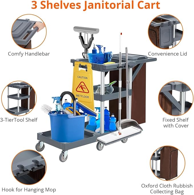 Commercial 3-Shelf Janitorial Cart with 2 Cabinets/Shelves, Commercial Traditional Wheeled Cleaning Cart with Cover and Oxford Bag, 300 Lb Capacity, Suitable for Schools, Hotels, Apartments