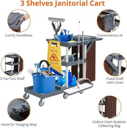 Commercial 3-Shelf Janitorial Cart with 2 Cabinets/Shelves, Commercial Traditional Wheeled Cleaning Cart with Cover and Oxford Bag, 300 Lb Capacity, Suitable for Schools, Hotels, Apartments