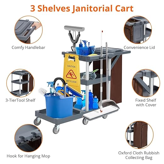 Garvee Commercial Janitorial Cleaning Cart on Wheels, Traditional Janitorial Cart with Cover and Vinyl Bag, Custodial Cart, 3-Shelf Housekeeping Carts for Hotels, Stores, Schools, and Business