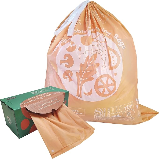 Compostable Trash Bags 13 Gallon, Drawstring Bin Bags, Heavy Duty Waste Bags, Extra Thick, Certified US BPI ASTM D6400, 49.2 Liter, 30 Counts