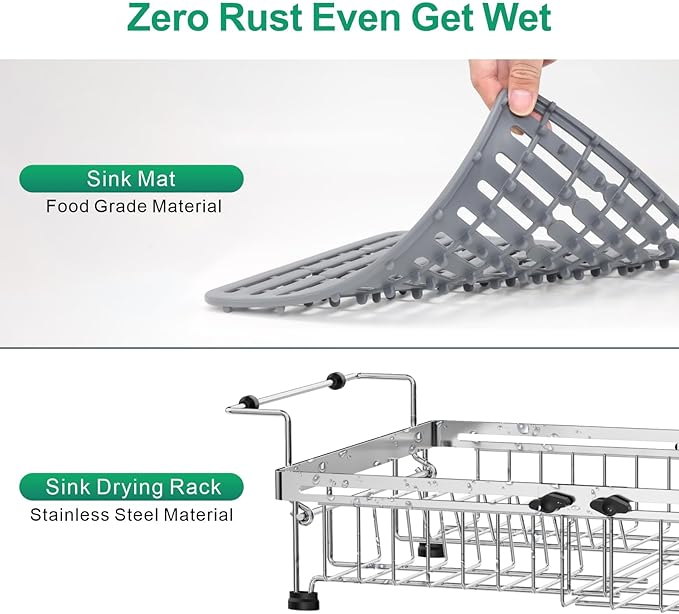 GSlife Expandable Over the Sink Dish Drying Rack with Silicone Sink Protector - Stainless Steel Dish Drainer with Locking Knob, Adjustable Dryer Strainer for Kitchen, 12.8" W x 10.8"-17.9" L, Silver