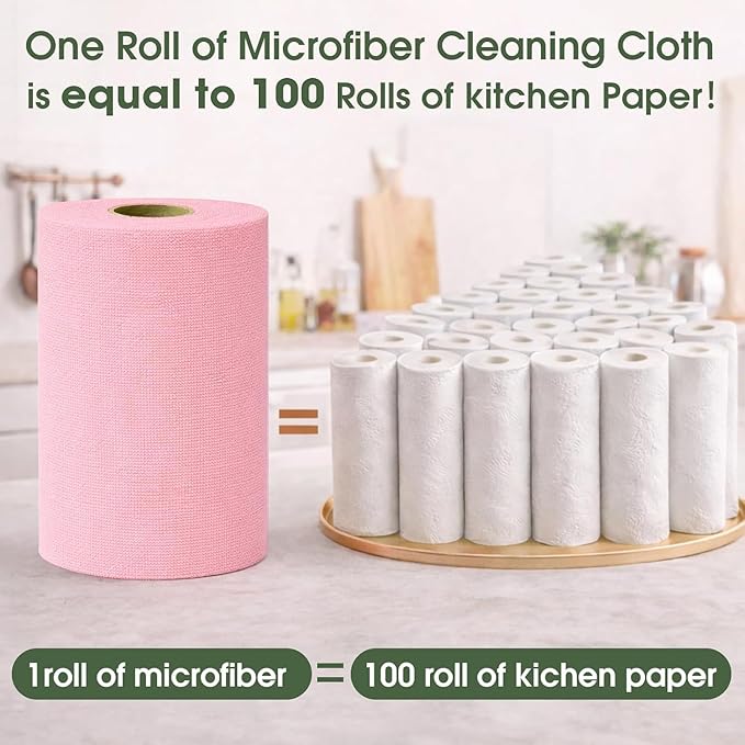 Microfiber Cleaning Cloth Roll - 100 Pack Tear Away Microfiber Paper Towels, Reusable, Washable, Scratch-Free, Kitchen Towels for Car, Home, Kitchen, Glass, Dishes(Pink)