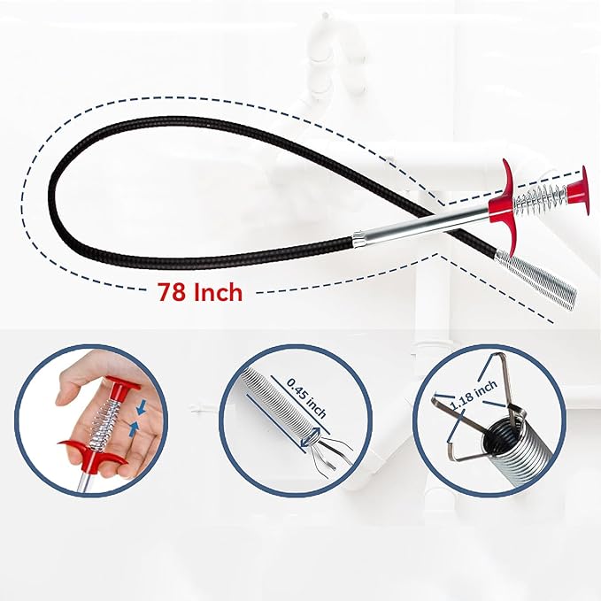 Drain Snake for Hair Clogs, 78 Inch Plumbing Auger Tool with Hook, Toilet Drain Clog Remover for Tub Pipes