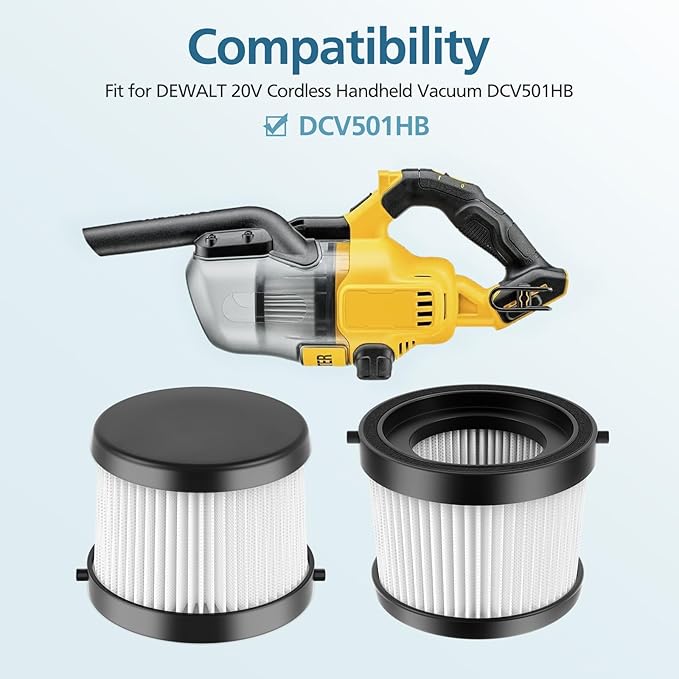 DCV501HB DCV5011H Vacuum Filter Compatible with DEWALT DCV501HB 20V Vacuum Cordless Handheld Vacuum, 4 Packs HEPA Vacuum Filter with 8 Foam Sleeve Filters & 1 Brush