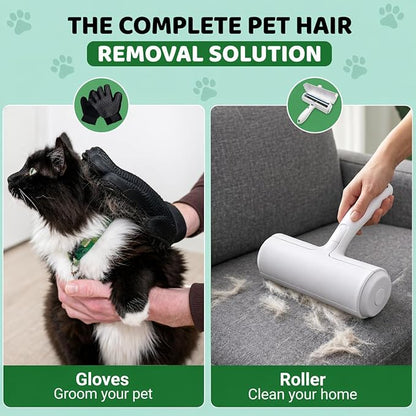 Pet Hair Remover Roller with 2 Grooming Gloves – Reusable Lint Remover for Dogs and Cats (Green)
