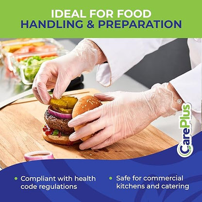 CARE PLUS Latex-Free Vinyl Gloves Clear Large Size 100 Count | Heavy Duty, Non-Sterile, Powder-Free, Rubber | Food Prep, Kitchen & Cleaning Gloves, Ideal for Professional Use