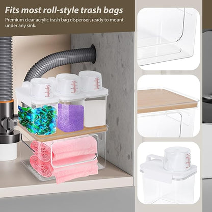 11.6"×7.5"×7" Large Trash Bag Holder with Bamboo Lid 3Pcs Air Tight Laundry Detergent Organizers with lid Measuring Cup Dishwasher Pod Holder Stackable Containers Under Sink for Kitchen Laundry Room