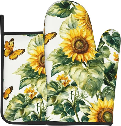 Sunflower Oven Mitts and Pot Holders Spring Summer Kitchen Accessories Set of 2 Floral Plant Botanical Gloves Potholder for Chef Cooking Baking Grilling BBQ