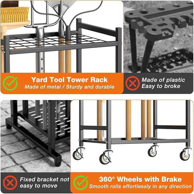 Heavy Duty Garden Tool Rack with Wheels Freestanding Organizer Holds Up to 40 Long Tools – Rakes, Shovels, Brooms, Metal Yard Tool for Garage, Shed & Outdoor Storage, Black