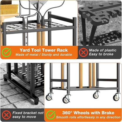 Heavy Duty Garden Tool Rack with Wheels Freestanding Organizer Holds Up to 40 Long Tools – Rakes, Shovels, Brooms, Metal Yard Tool for Garage, Shed & Outdoor Storage, Black