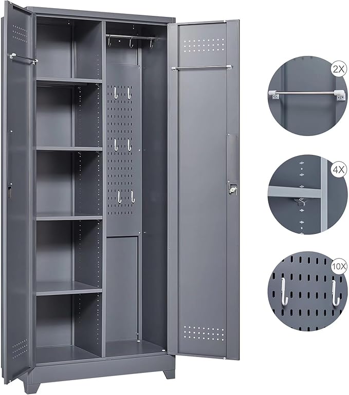 72" H Tall Metal Storage Cabinets, Freestanding Broom Closet Storage Cabinet with Locking Door for Cleaning Tool, Large Garage Cabinet Tool Organizer Storage Cabinet for Office, Grey
