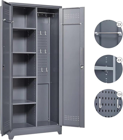 72" H Tall Metal Storage Cabinets, Freestanding Broom Closet Storage Cabinet with Locking Door for Cleaning Tool, Large Garage Cabinet Tool Organizer Storage Cabinet for Office, Grey