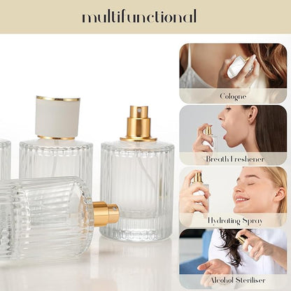 1 Pack Empty Perfume Spray Bottles, 50ML Ribbed Glass Atomizer Spray Bottle for Men and Women, Travel Refillable Perfume Atomizer for Sample Dispenser and Home Decor, White Cap