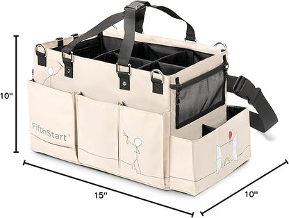 Multiuse Cleaning Caddy - Adjustable Straps & Caddy Organizer with Handle - Mesh Base & 9 Pockets Organizer Bag - 5 Dividers & Washable Fabric Cleaning Tote (beige, XL)
