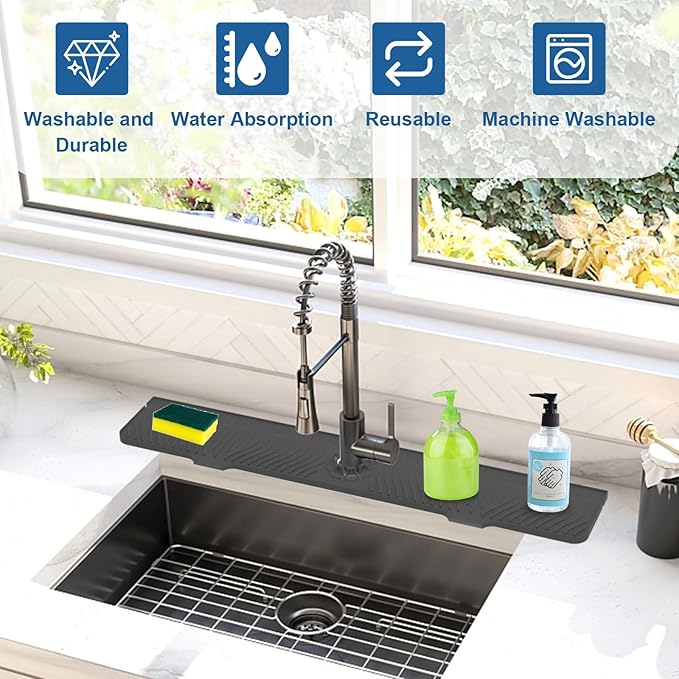 33 inch Sink Splash Guard Mat, Sink Faucet Drying Mat, Silicone Faucet Handle Drip Catcher Tray, Longer Silicone Sink Mat for KitchenBathroom, Drip Protector Splash Countertop (Black)