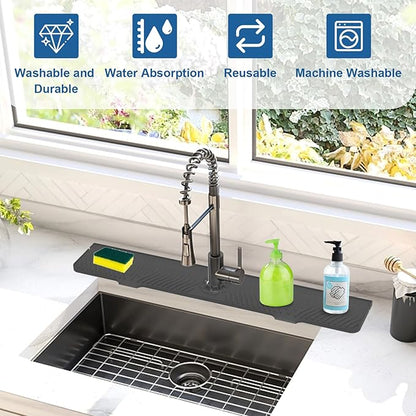 33 inch Sink Splash Guard Mat, Sink Faucet Drying Mat, Silicone Faucet Handle Drip Catcher Tray, Longer Silicone Sink Mat for KitchenBathroom, Drip Protector Splash Countertop (Black)